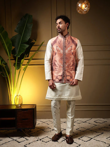 Faddism Peach Peacock Jacquard Koti Kurta Pant Set in Slub Silk