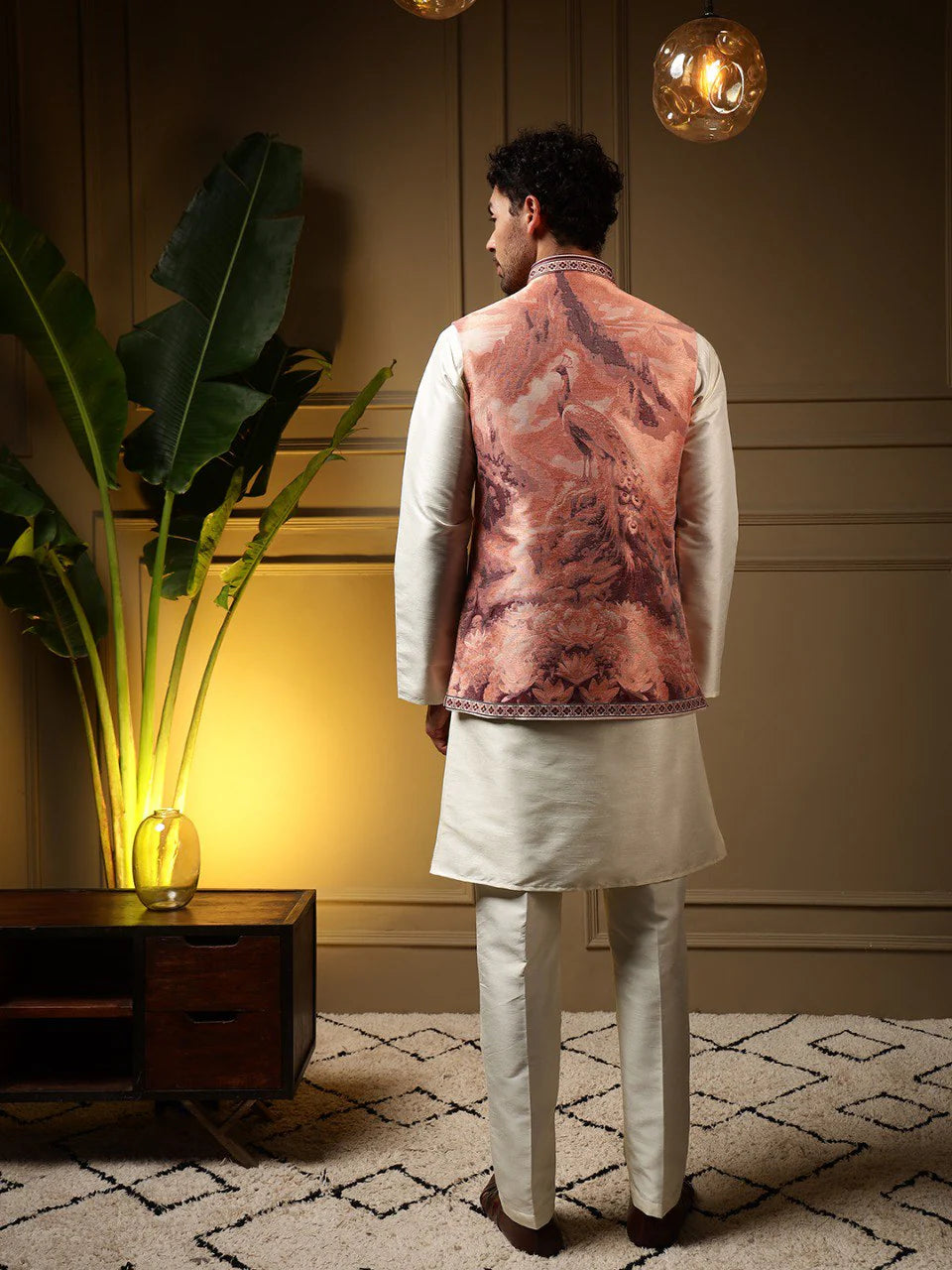Faddism Peach Peacock Jacquard Koti Kurta Pant Set in Slub Silk