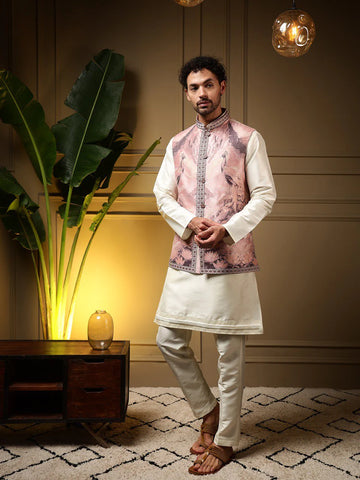 Faddism Beige  Peacock Jacquard Koti Kurta Pant Set in Slub Silk