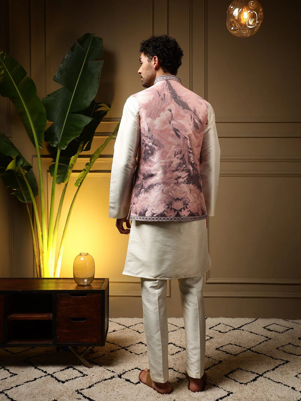 Faddism Beige  Peacock Jacquard Koti Kurta Pant Set in Slub Silk