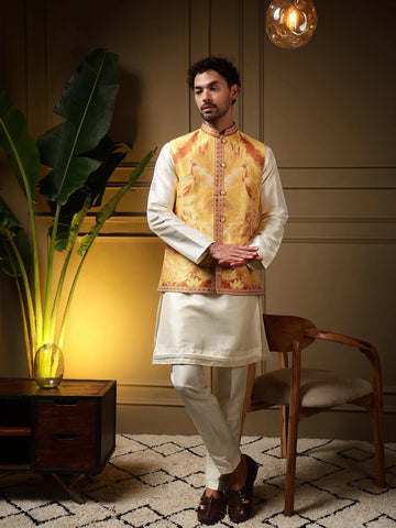 Faddism Yellow Peacock Jacquard Koti Kurta Pant Set in Slub Silk