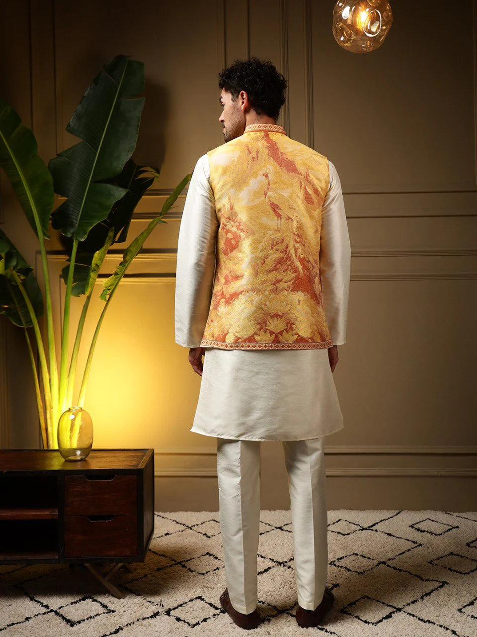 Faddism Yellow Peacock Jacquard Koti Kurta Pant Set in Slub Silk
