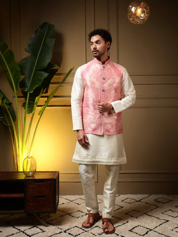 Faddism Pink Peacock Jacquard Koti Kurta Pant Set in Slub Silk