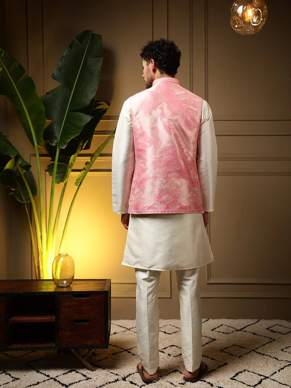 Faddism Pink Peacock Jacquard Koti Kurta Pant Set in Slub Silk