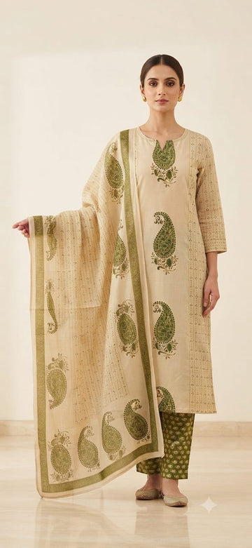 Faddism Premium Cotton Straight Kurti Pant Set with Mulmul Dupatta