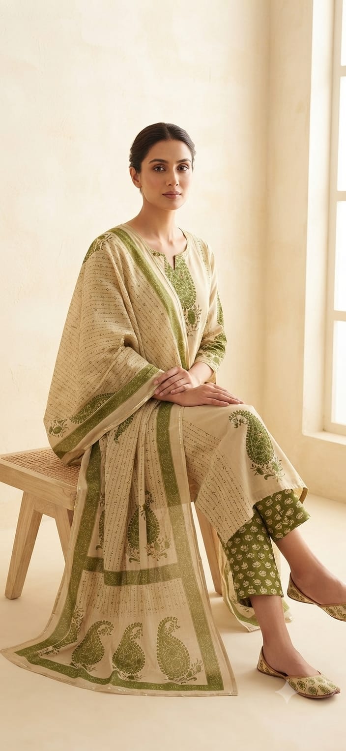 Faddism Premium Cotton Straight Kurti Pant Set with Mulmul Dupatta