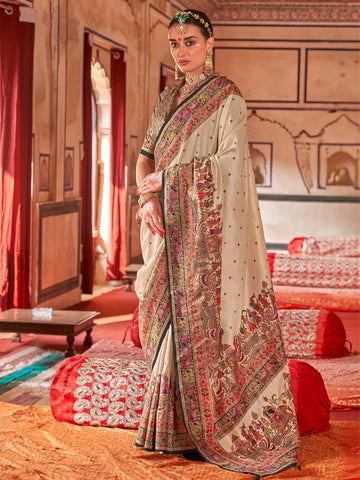 Premium Cream With Black P.V. Silk Saree with Luxury Print