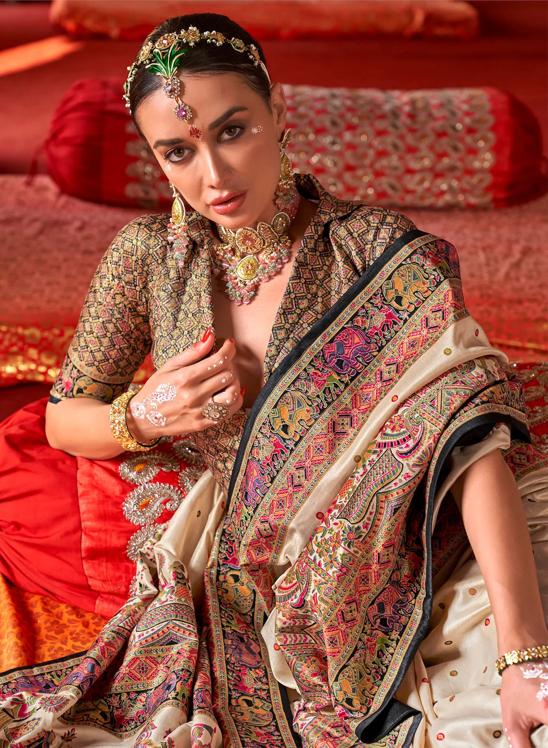 Premium Cream With Black P.V. Silk Saree with Luxury Print