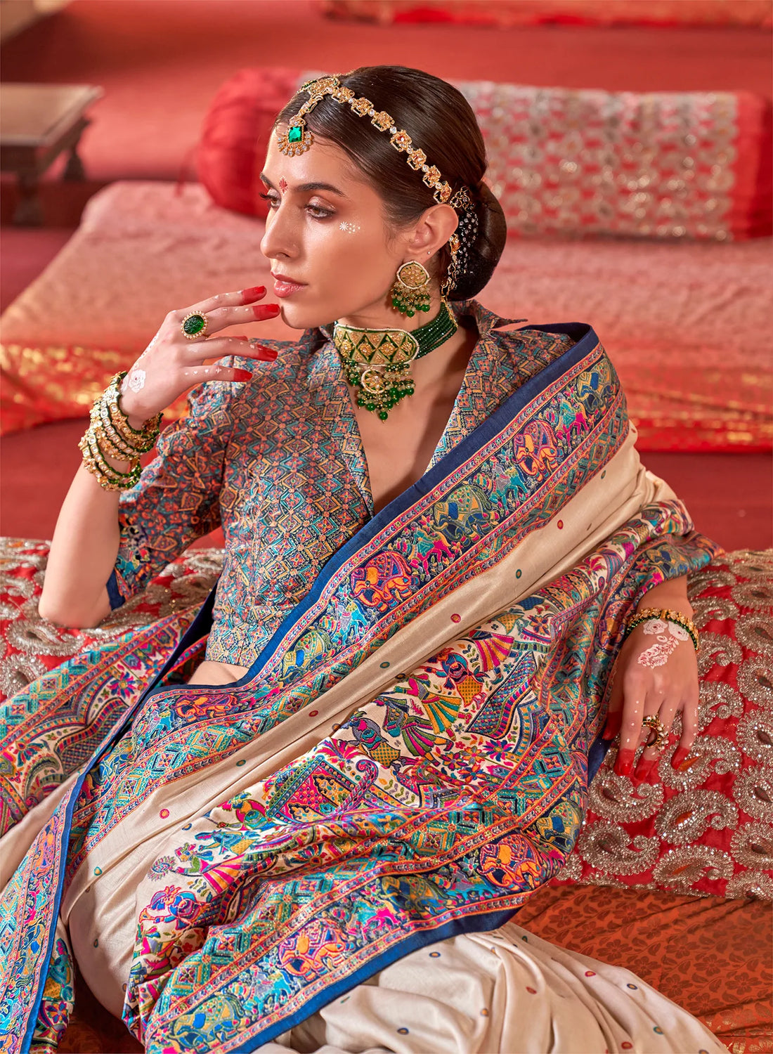 Premium Cream with Blue Woven P.V. Silk Saree