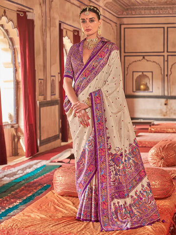 Premium Cream & Purple P.V. Silk Saree with Luxury Print