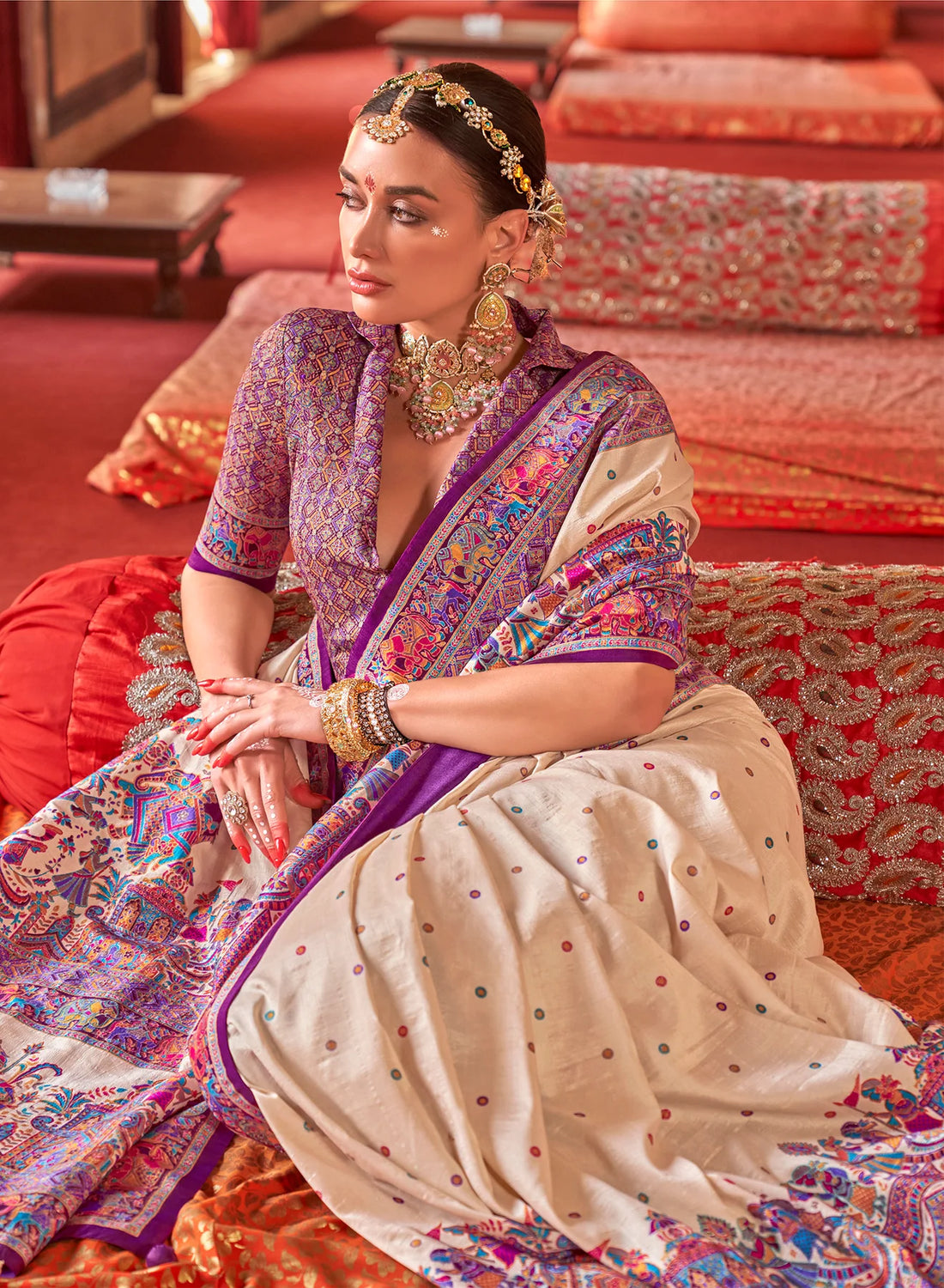 Premium Cream & Purple P.V. Silk Saree with Luxury Print