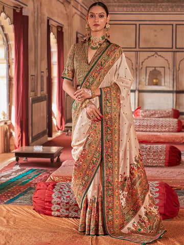 Premium Cream Poly Viscose Silk Polka Dot Banarasi Saree with Dark Green Woven Border