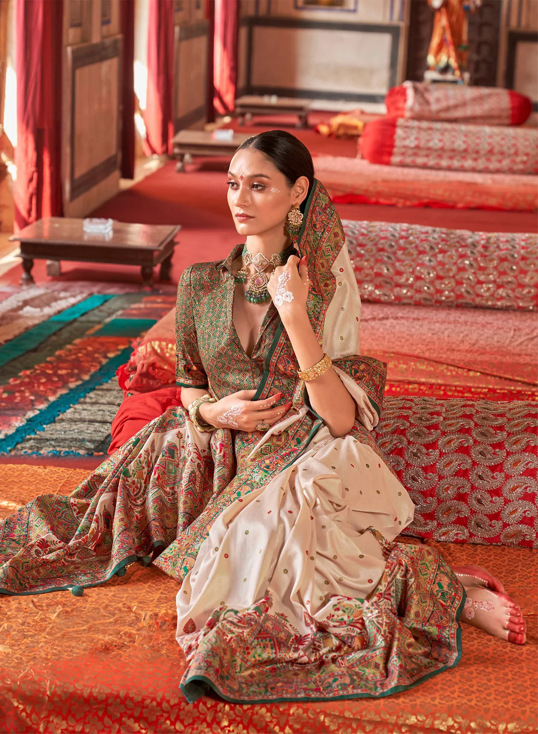 Premium Cream Poly Viscose Silk Polka Dot Banarasi Saree with Dark Green Woven Border