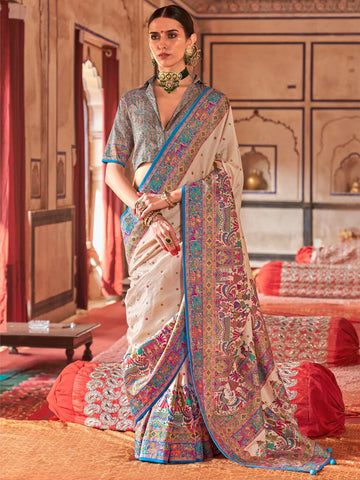 Premium Cream Poly Viscose Silk Polka Dot Banarasi Saree with Aqua Blue Woven Border