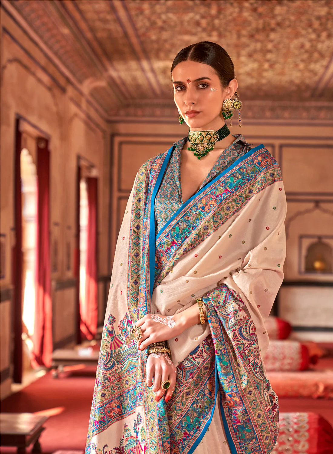 Premium Cream Poly Viscose Silk Polka Dot Banarasi Saree with Aqua Blue Woven Border