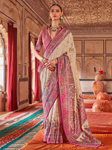 Premium Cream Poly Viscose Silk Polka Dot Banarasi Saree with Pink Woven Border