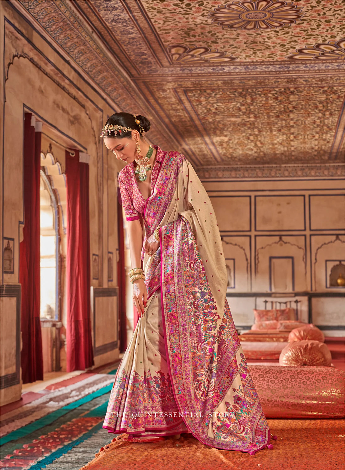 Premium Cream Poly Viscose Silk Polka Dot Banarasi Saree with Pink Woven Border