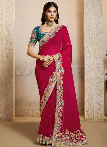 Mahotsav Rani Pink Designer Silk Saree with Heavy Border & Contrast Blouse