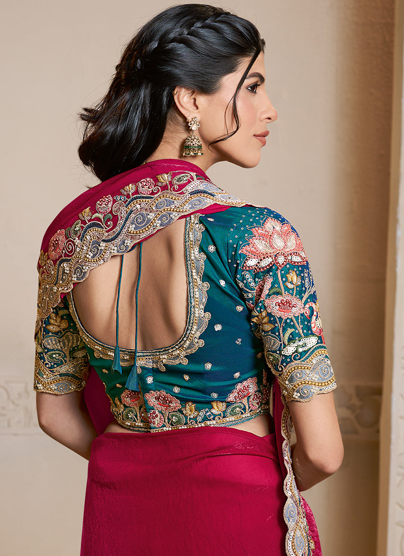 Mahotsav Rani Pink Designer Silk Saree with Heavy Border & Contrast Blouse