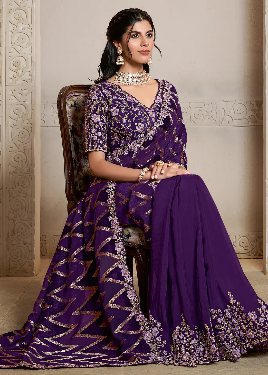 Mahotsav Purple Embroidered Silk Saree with Stone Work and Designer Blouse