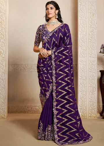 Mahotsav Purple Embroidered Silk Saree with Stone Work and Designer Blouse