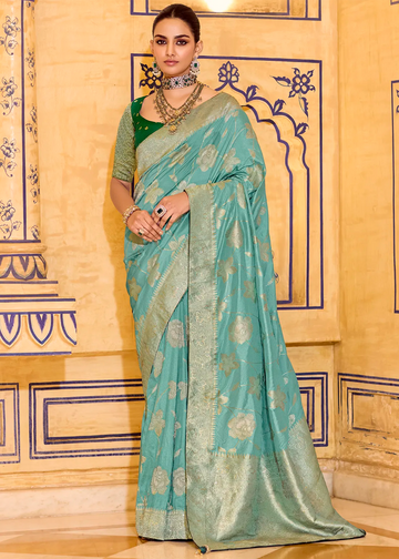 RajMahal Sea Green Pure Banarasi Crepe Silk Saree