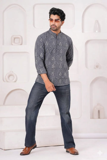 Hand Block Printed Cotton Short Kurta for Men