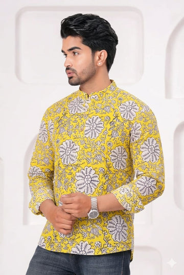 Hand Block Printed Cotton Short Kurta for Men
