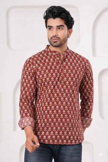 Hand Block Printed Cotton Short Kurta for Men