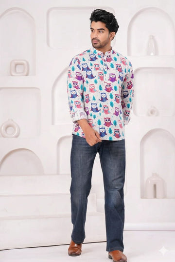 Hand Block Printed Cotton Short Kurta for Men
