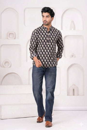 Hand Block Printed Cotton Short Kurta for Men