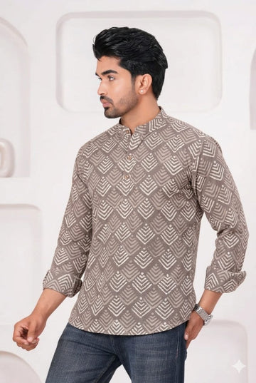 Hand Block Printed Cotton Short Kurta for Men