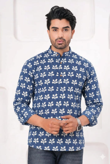 Hand Block Printed Cotton Short Kurta for Men