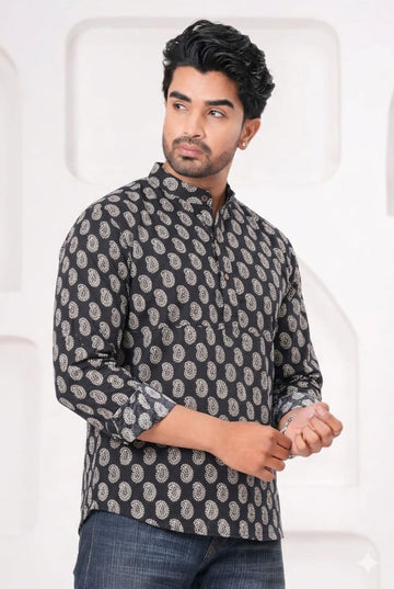 Hand Block Printed Cotton Short Kurta for Men