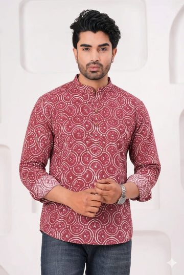 Hand Block Printed Cotton Short Kurta for Men