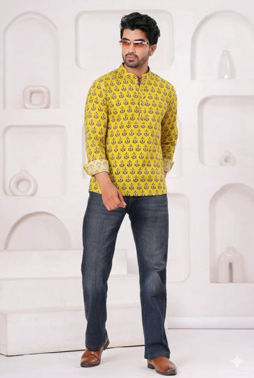 Hand Block Printed Cotton Short Kurta for Men