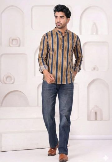 Hand Block Printed Cotton Short Kurta for Men