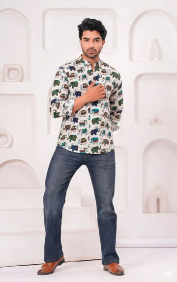 Hand Block Printed Cotton Short Kurta for Men
