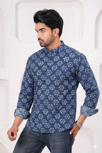 Hand Block Printed Cotton Short Kurta for Men