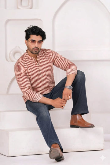 Hand Block Printed Cotton Short Kurta for Men