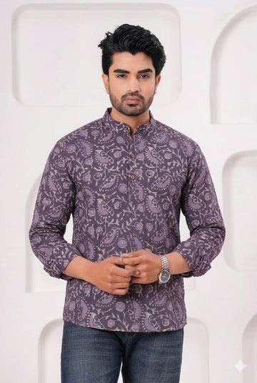 Hand Block Printed Cotton Short Kurta for Men