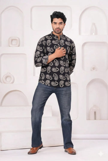 Hand Block Printed Cotton Short Kurta for Men