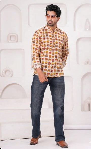 Hand Block Printed Cotton Short Kurta for Men