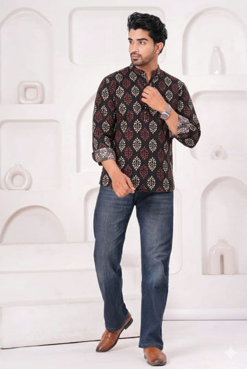 Hand Block Printed Cotton Short Kurta for Men
