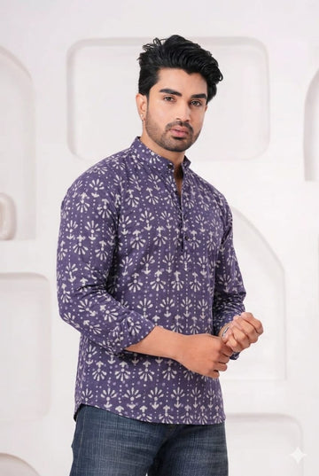 Hand Block Printed Cotton Short Kurta for Men