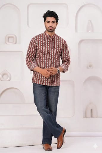 Hand Block Printed Cotton Short Kurta for Men