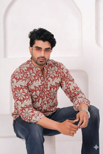 Hand Block Printed Cotton Short Kurta for Men