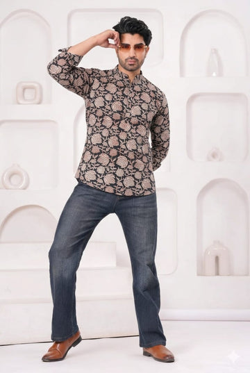 Hand Block Printed Cotton Short Kurta for Men