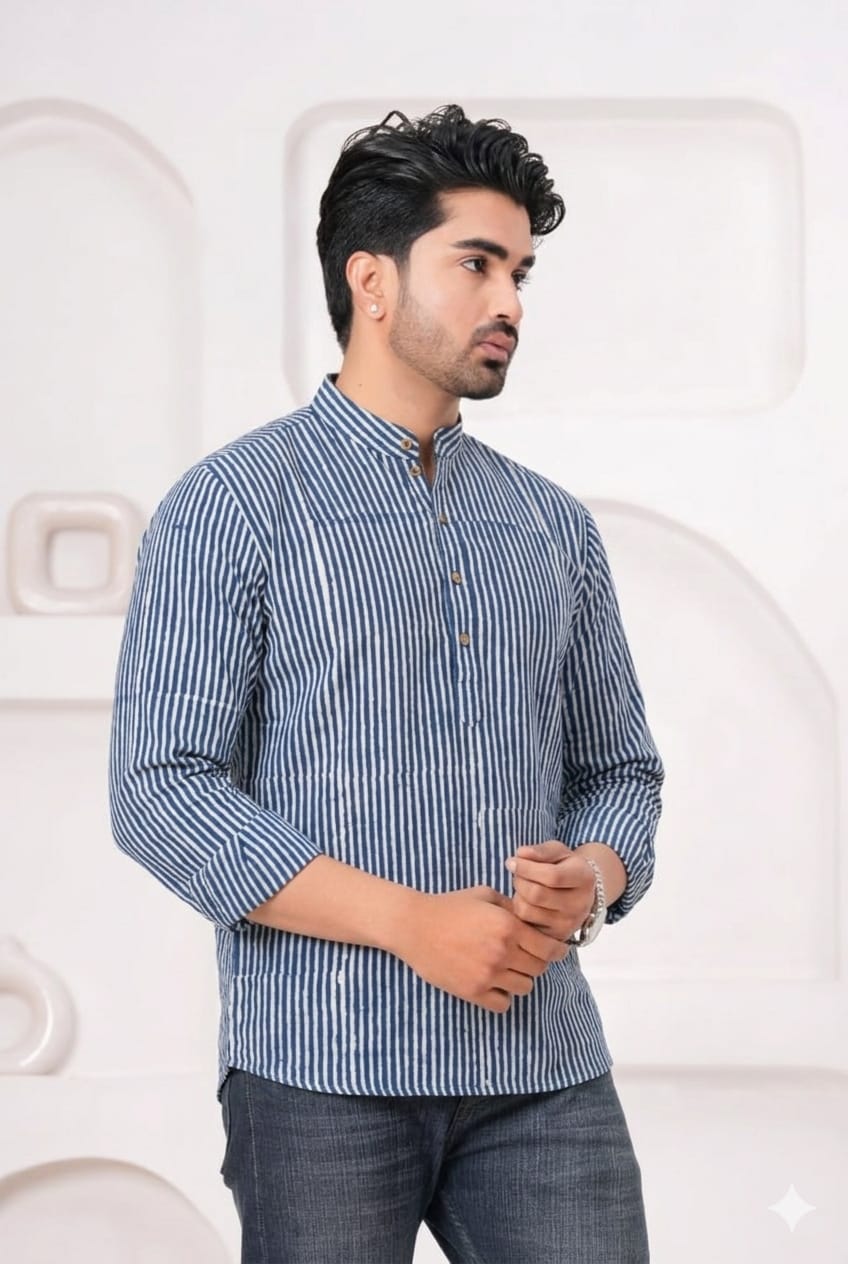 Hand Block Printed Cotton Short Kurta for Men