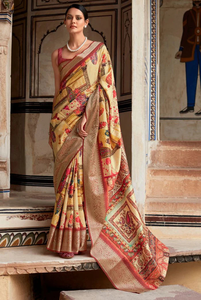 Flesh Yellow  Dola Handloom Silk Saree – A Statement of Class & Tradition